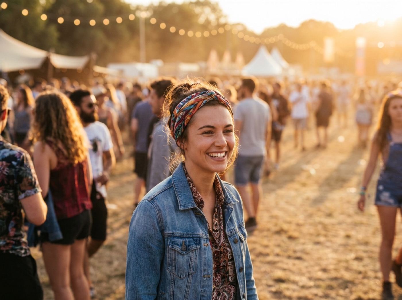 Person trägt ein bedrucktes Bandana als Kopftuch auf einem Sommerfestival