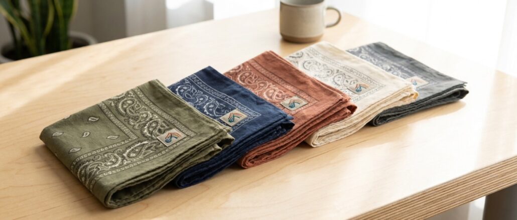 Mehrere bunt bedruckte Bandanas als Werbegeschenk gefaltet auf hellem Holz