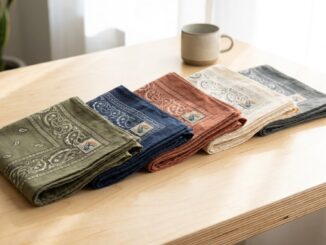 Mehrere bunt bedruckte Bandanas als Werbegeschenk gefaltet auf hellem Holz