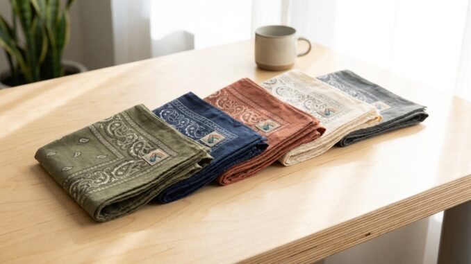 Mehrere bunt bedruckte Bandanas als Werbegeschenk gefaltet auf hellem Holz