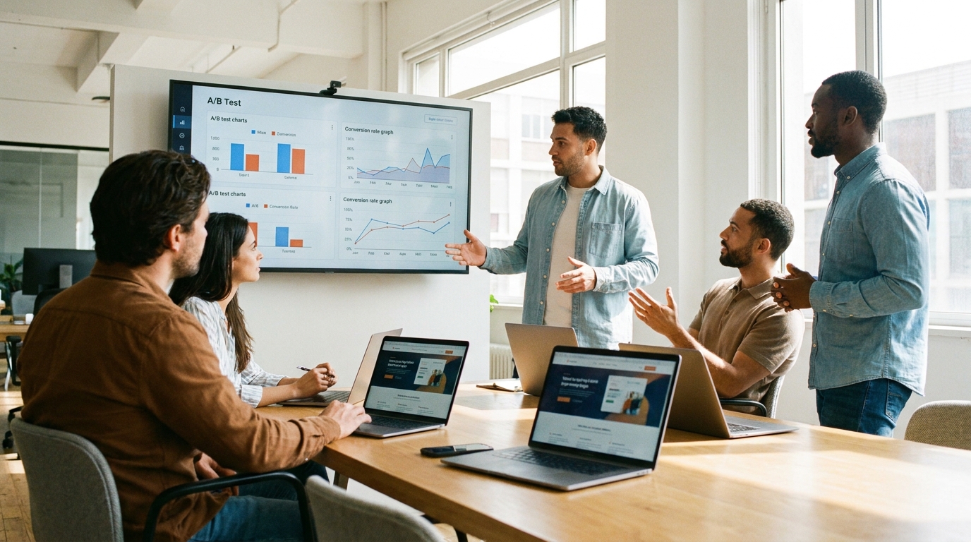 Landingpage optimieren: Team wertet A/B-Test-Ergebnisse am Bildschirm aus