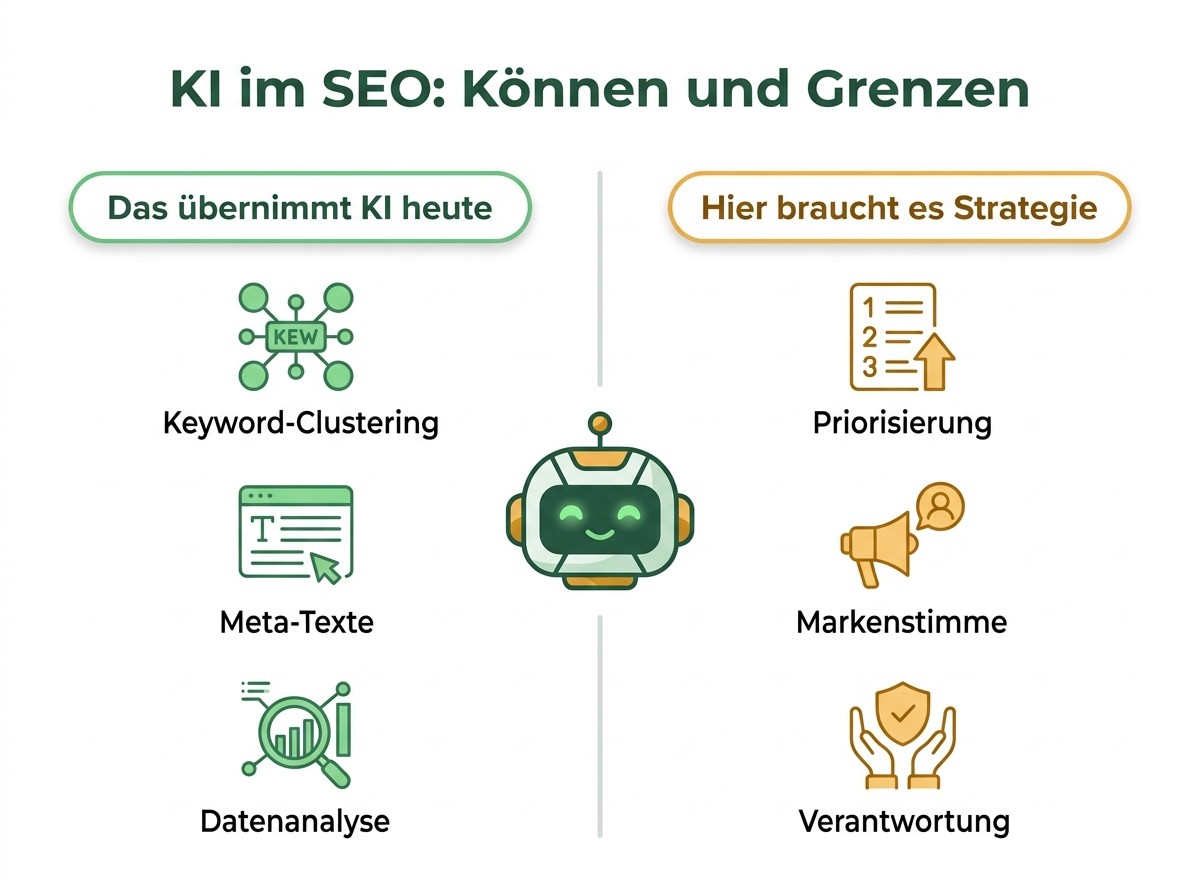 Infografik: Was KI im SEO heute übernimmt und wo Strategie nötig bleibt