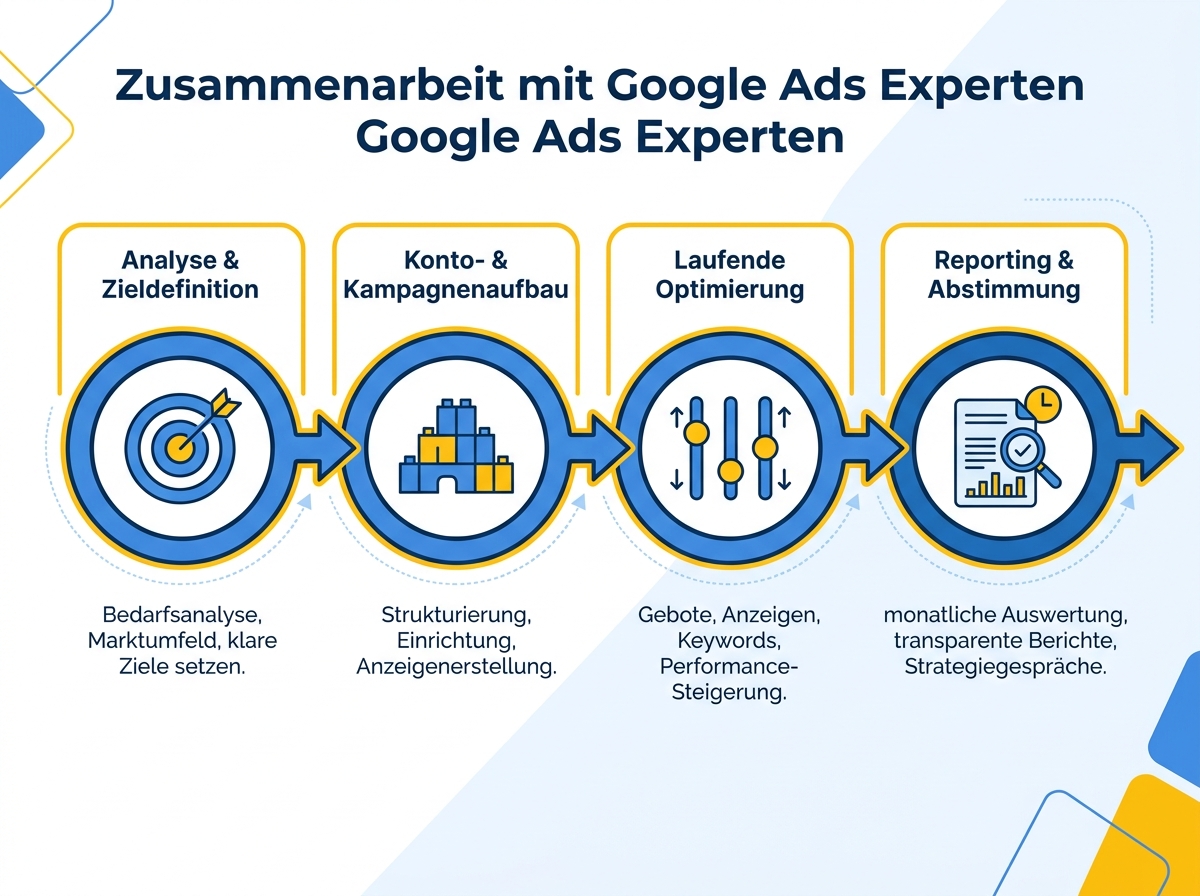 Infografik: vier Phasen der Zusammenarbeit mit Google Ads Experten von Analyse bis Reporting