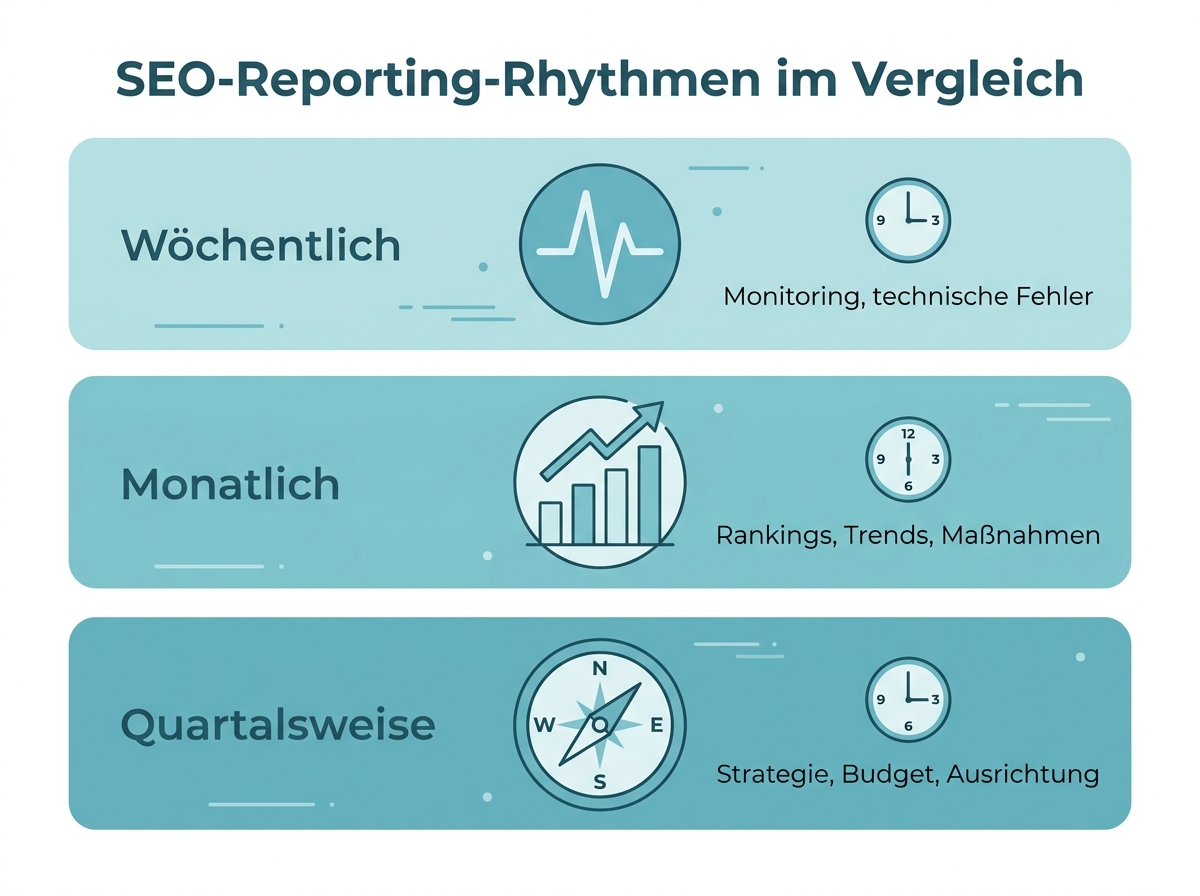 Infografik: SEO-Reporting-Rhythmen im Vergleich – wöchentlich, monatlich, quartalsweise