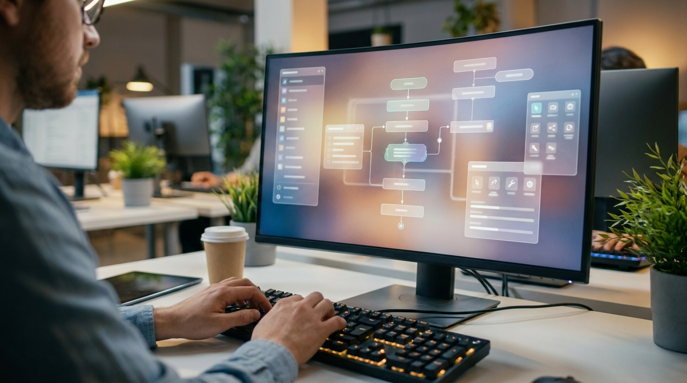 Hände an der Tastatur vor einem Monitor mit mehreren Automatisierungs-Tools