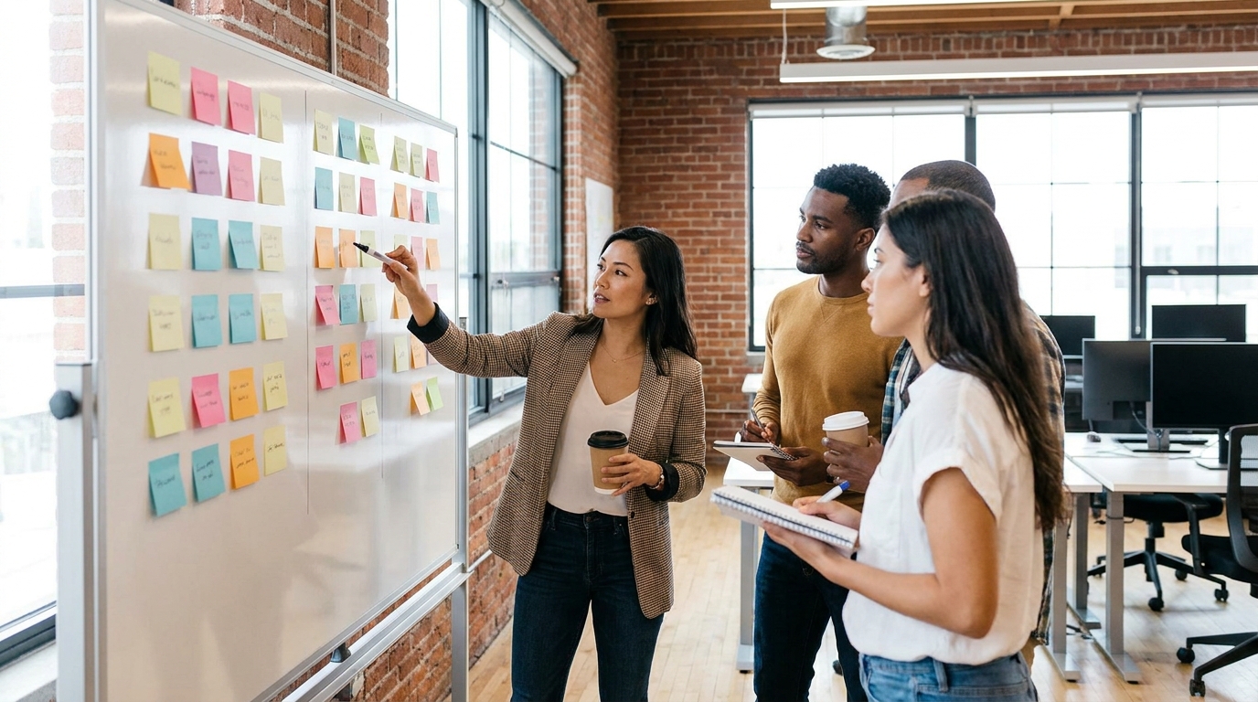 SEO-Team plant Reporting-Termine mit Haftnotizen an einem Whiteboard