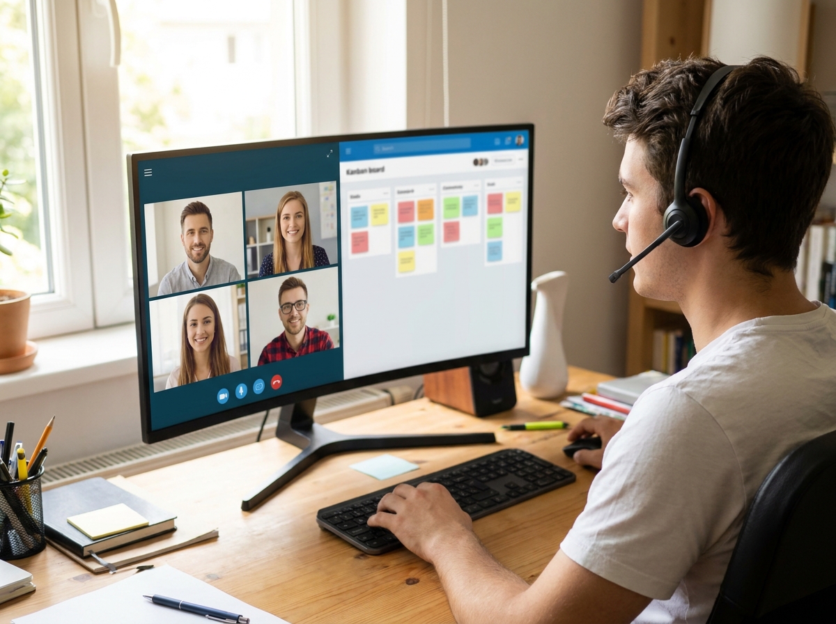 Team im Homeoffice bei einer Videokonferenz mit geteiltem Bildschirm und Projekt-Board