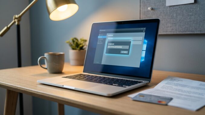 Laptop mit Lizenzschlüssel-Eingabe und Rechnung auf dem Schreibtisch beim Software kaufen