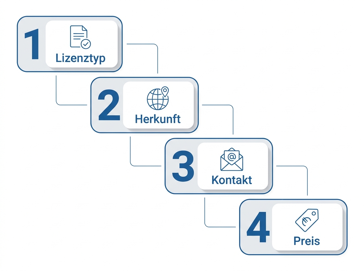 Infografik: vier Prüfschritte beim günstigen Softwarekauf – Lizenztyp, Herkunft, Kontakt, Preis