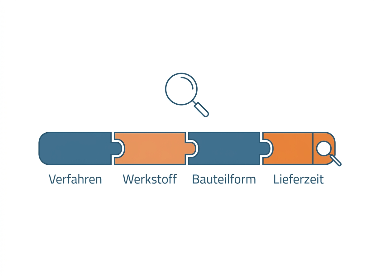 Infografik: Suchmuster technischer Einkäufer aus Verfahren, Werkstoff, Bauteilform und Lieferzeit