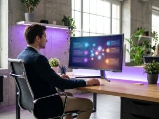 SEO-Spezialist arbeitet mit KI-gestützten Tools und Keyword-Clustern am Bildschirm