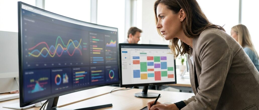 SEO-Analyst wertet Reporting-Dashboards mit Ranking-Kurven am Monitor aus