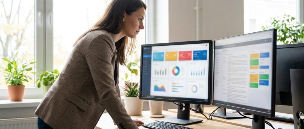 Google Ads Spezialist arbeitet an zwei Monitoren mit Kampagnen-Dashboards