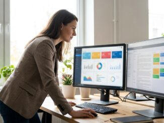 Google Ads Spezialist arbeitet an zwei Monitoren mit Kampagnen-Dashboards