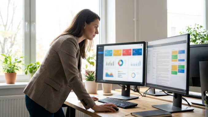 Google Ads Spezialist arbeitet an zwei Monitoren mit Kampagnen-Dashboards