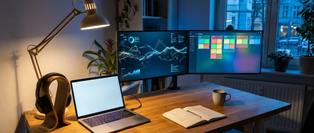 Aufgeräumter Homeoffice-Arbeitsplatz mit zwei Monitoren, Laptop und Headset