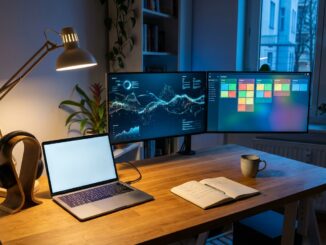 Aufgeräumter Homeoffice-Arbeitsplatz mit zwei Monitoren, Laptop und Headset