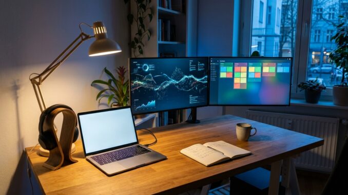 Aufgeräumter Homeoffice-Arbeitsplatz mit zwei Monitoren, Laptop und Headset