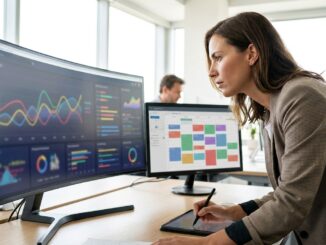 SEO-Analyst wertet Reporting-Dashboards mit Ranking-Kurven am Monitor aus