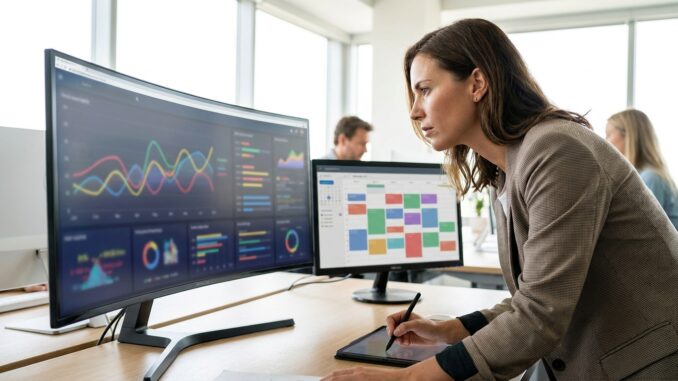 SEO-Analyst wertet Reporting-Dashboards mit Ranking-Kurven am Monitor aus