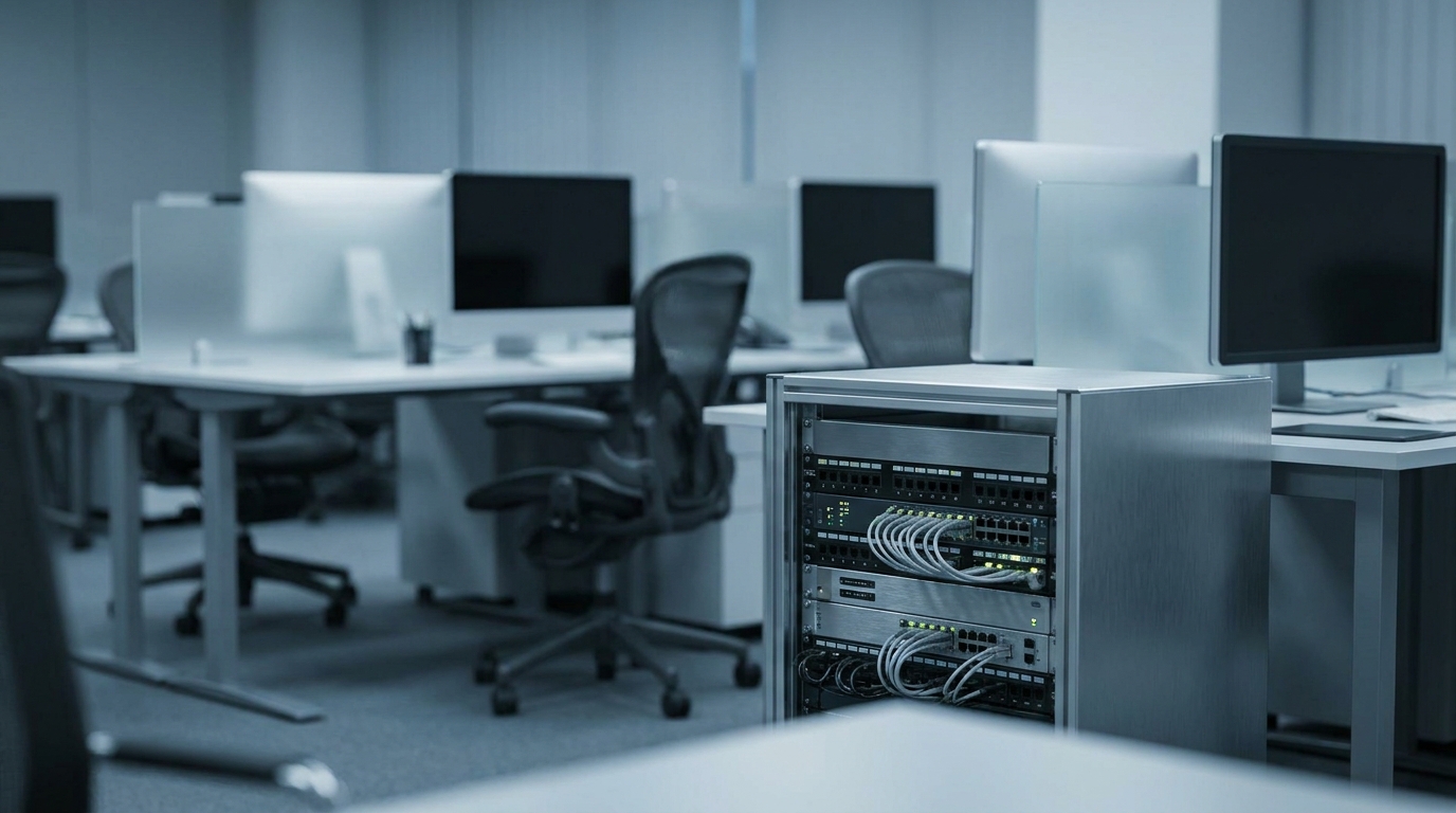 Serverschrank und Arbeitsplaetze in einem Unternehmen als Sinnbild fuer Volumen- und Client-Server-Lizenzen