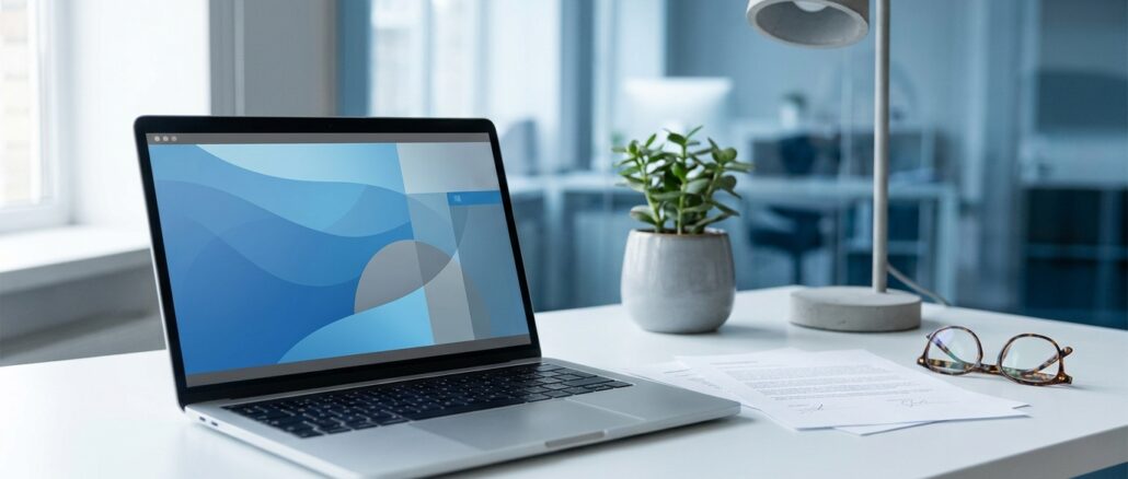 Arbeitsplatz mit Laptop, Rechnung und unterschriebenem Lizenzdokument im Büro