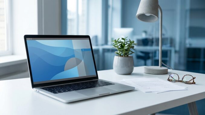 Arbeitsplatz mit Laptop, Rechnung und unterschriebenem Lizenzdokument im Büro